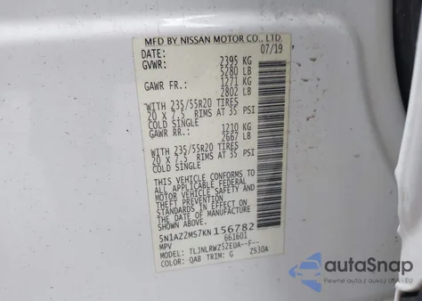 2019 Nissan Murano Sl from USA, damaged, VIN 5N1AZ2MS7KN156782